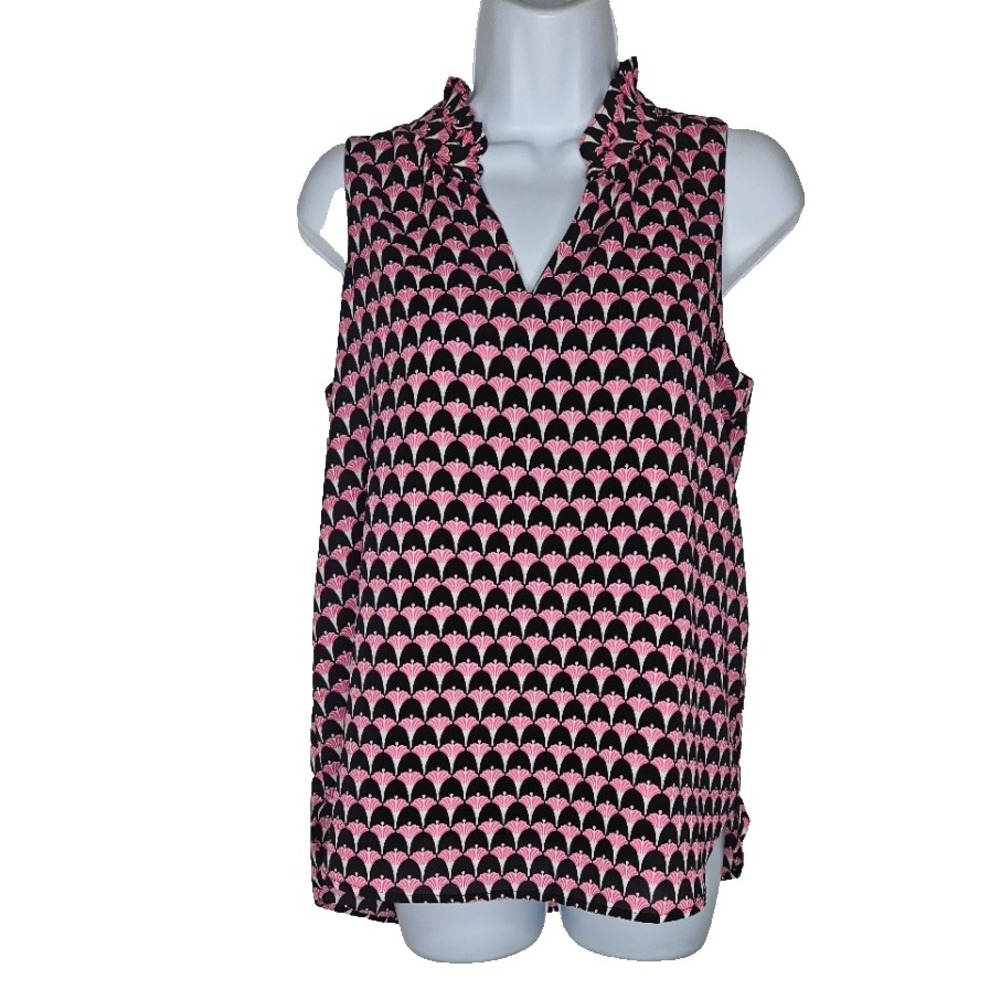 Jade Melody Tam Top Medium Pink Black Geometric Ruffle Bell Sleeve Boho Art Deco